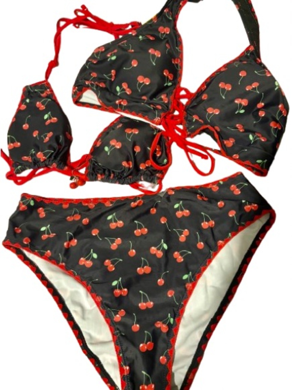 Black Cherry Print Women's Bikini with Red Trim